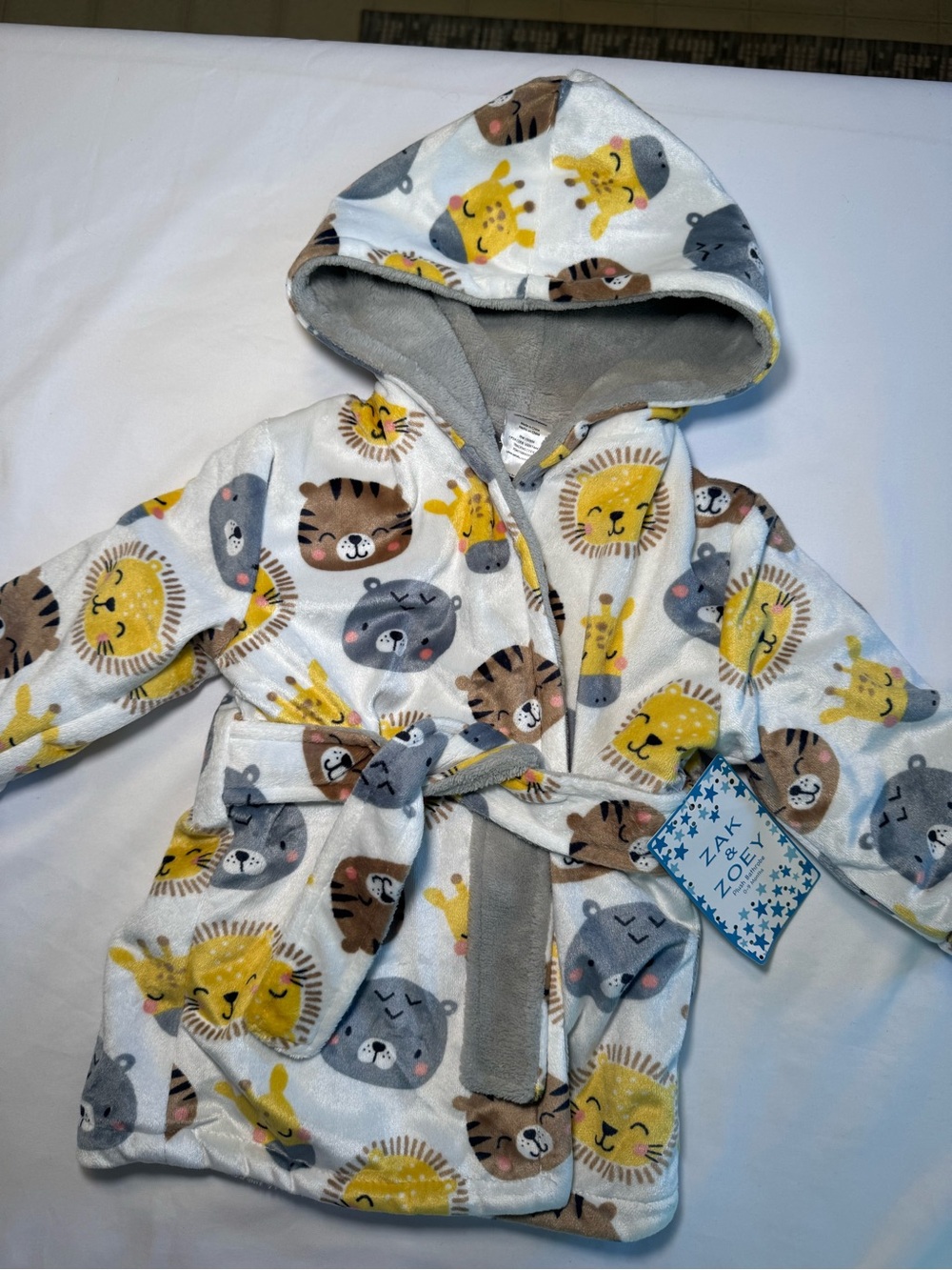 ZAK & ZOEY Kids Hooded Plush Robe with Animal Print - Yellow, Gray, Brown